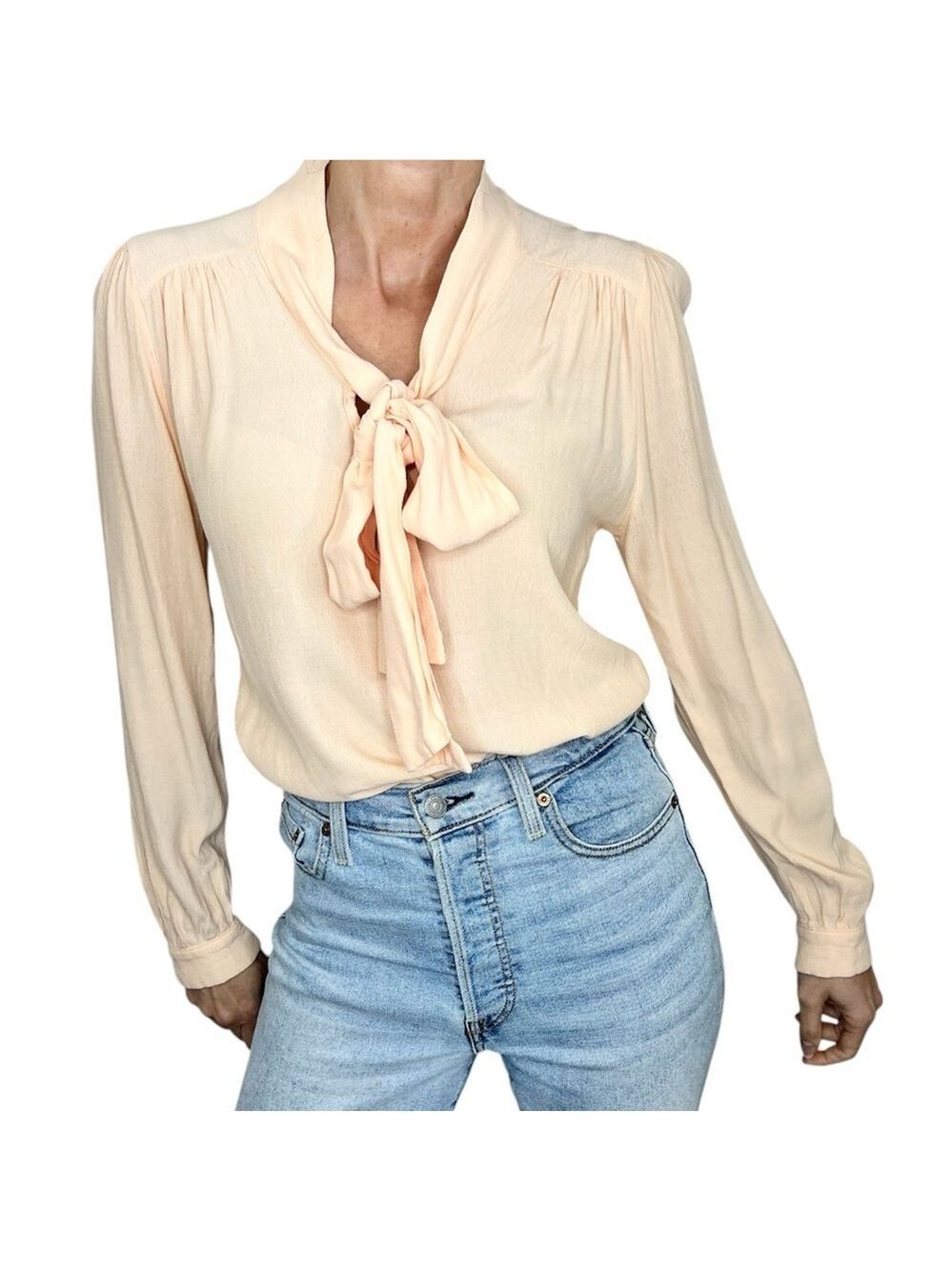 House of Foxy vtg inspired 40s peach kitty bow tie neck long sleeve blouse UK 10